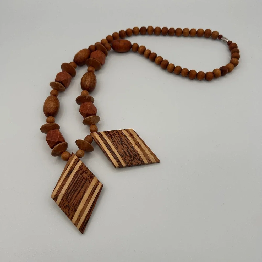 Vintage Boho Natural Wood Beaded Necklace Stripe Geometric Pendant Statement 24